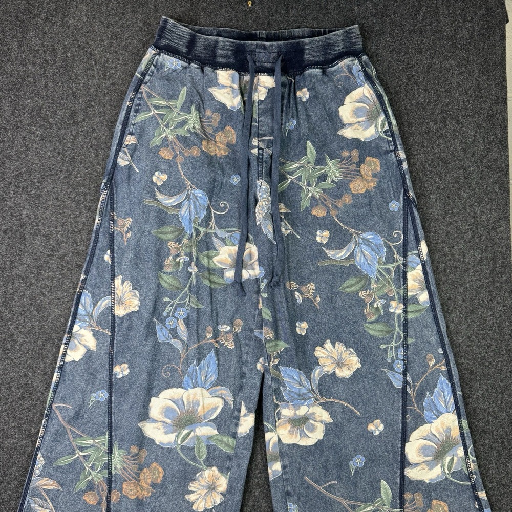 Easel Wildflower Washed Denim Wide Leg Pants Womens S Floral Boho Raw Hem